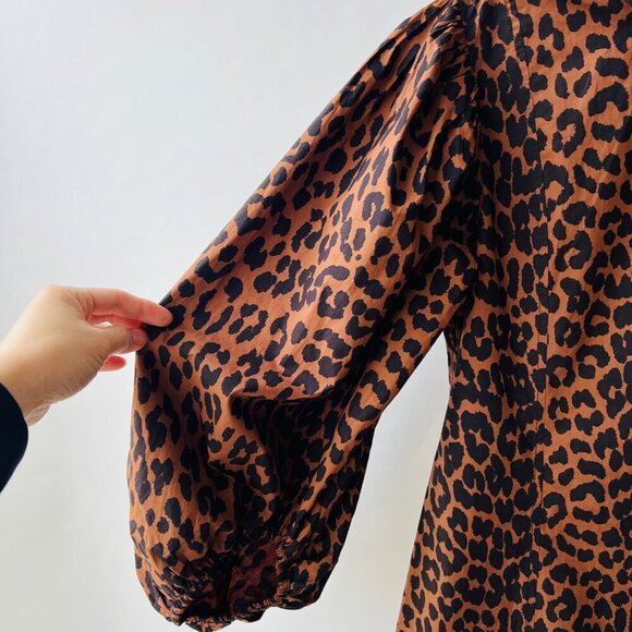 Ganni Sustain Leopard puff sleeves midi dress, Brown Leopard, Size 34 - Picture 10 of 13